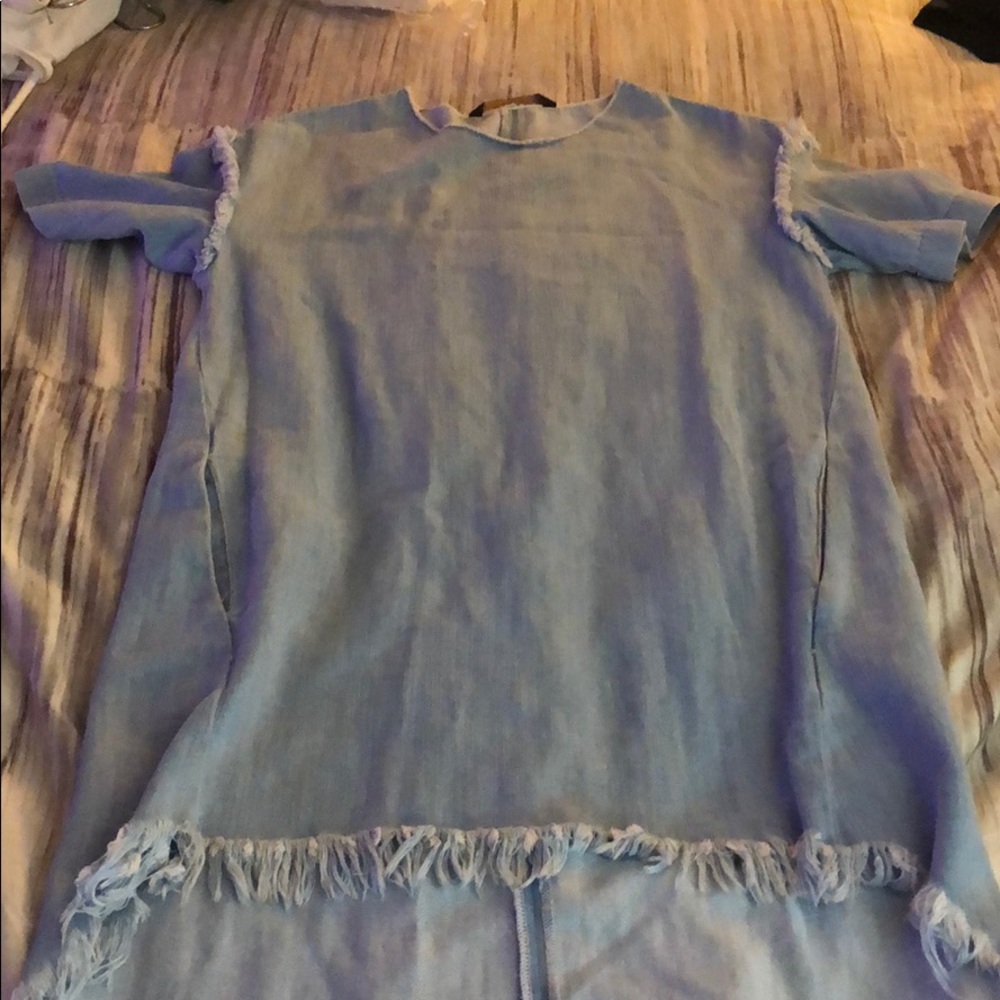 Hi/low denim dress with fringes